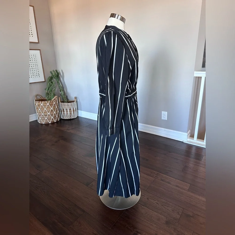 J. Crew Cinched-Waist Cotton Poplin Midi Dress Black & Ivory Stripe LG Worn 1x - Picture 4 of 13